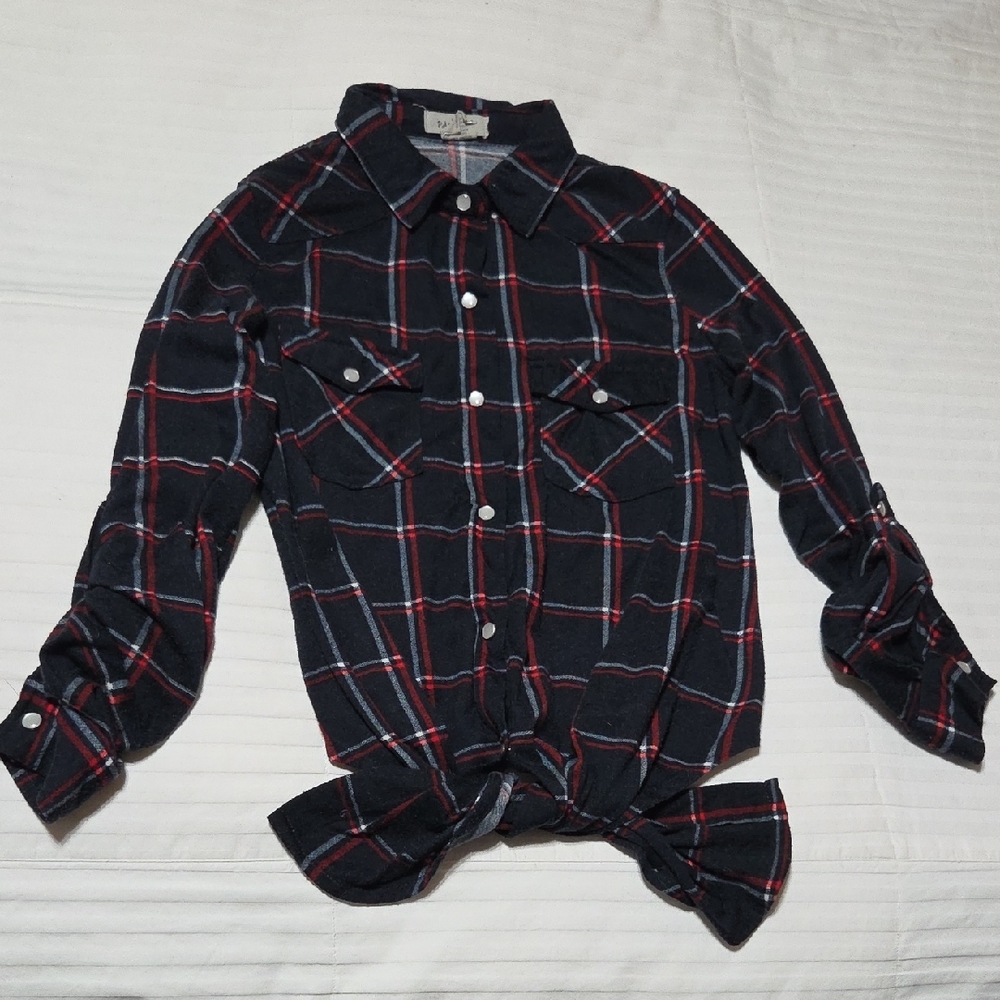 Passport Black Plaid Button-Down Shirt with Red & White Stripes